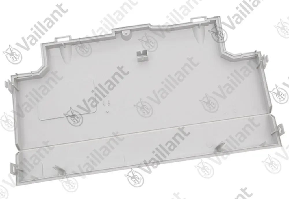 Rückwand-Gehäuse von Vaillant, in Weiß, mit strukturiertem Innenraum und verschiedenen Befestigungsmöglichkeiten für Zubehör.